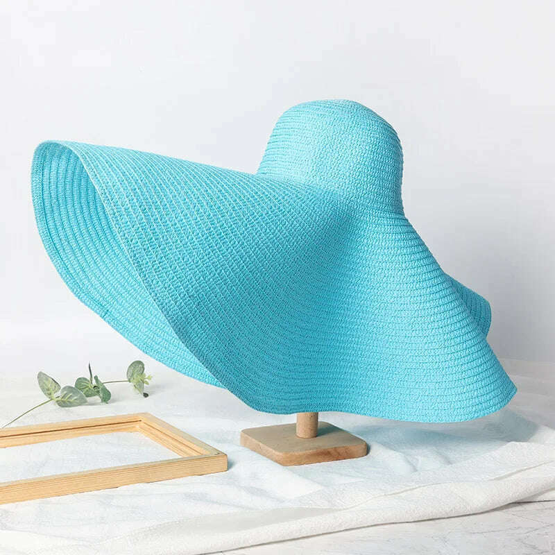 KIMLUD, Summer 70cm Large Wide Brim Sun Hats For Women Oversized Beach Hat Foldable Travel Straw Hat Lady UV Protection Sun Shade Hat, light blue / 54-57cm, KIMLUD APPAREL - Womens Clothes