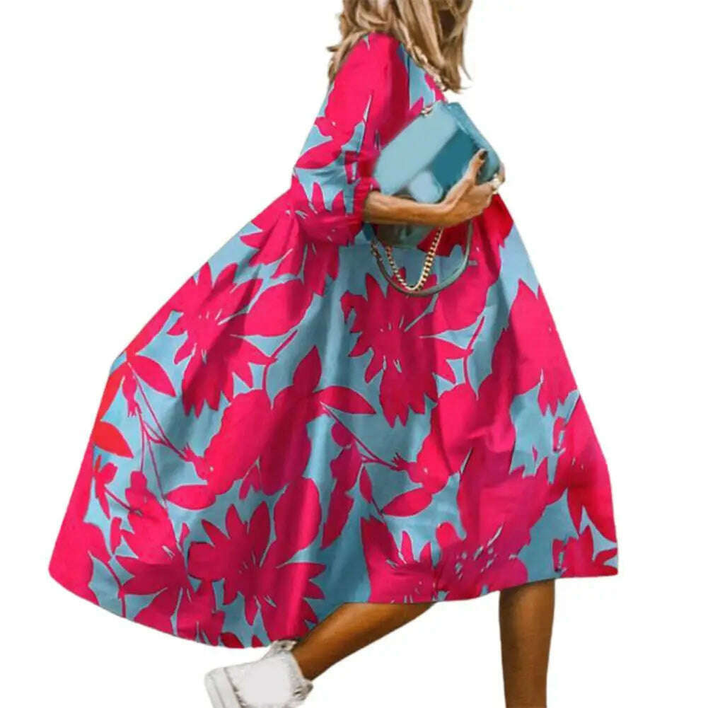 KIMLUD, Summer Dress Round Neck Breathable Solid Color Women Midi Baggy Dress Irregular Large Hem Long Dress Female Clothes, Rose Red / M, KIMLUD APPAREL - Womens Clothes