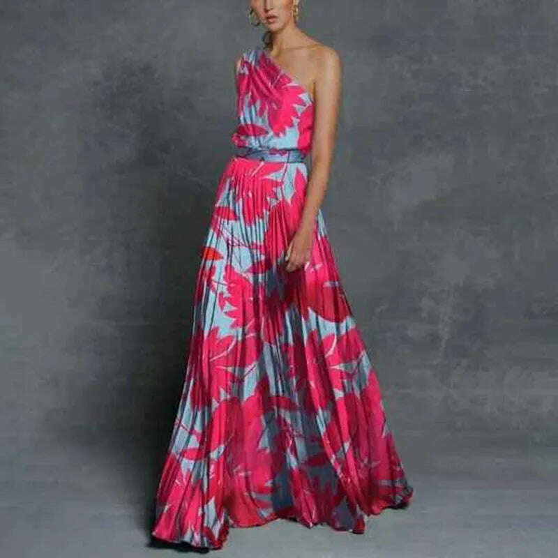 KIMLUD, Summer Dresses 2025 Fashion One Shoulder Sleeveless Splicing Print Off Shoulder Long Dresses Elegant Women Clothing Dress Hot, Watermelon red / S, KIMLUD APPAREL - Womens Clothes