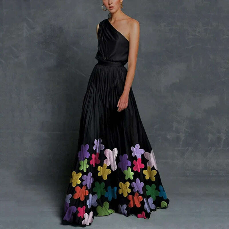 KIMLUD, Summer Dresses 2025 Fashion One Shoulder Sleeveless Splicing Print Off Shoulder Long Dresses Elegant Women Clothing Dress Hot, black flower / XXXL, KIMLUD APPAREL - Womens Clothes