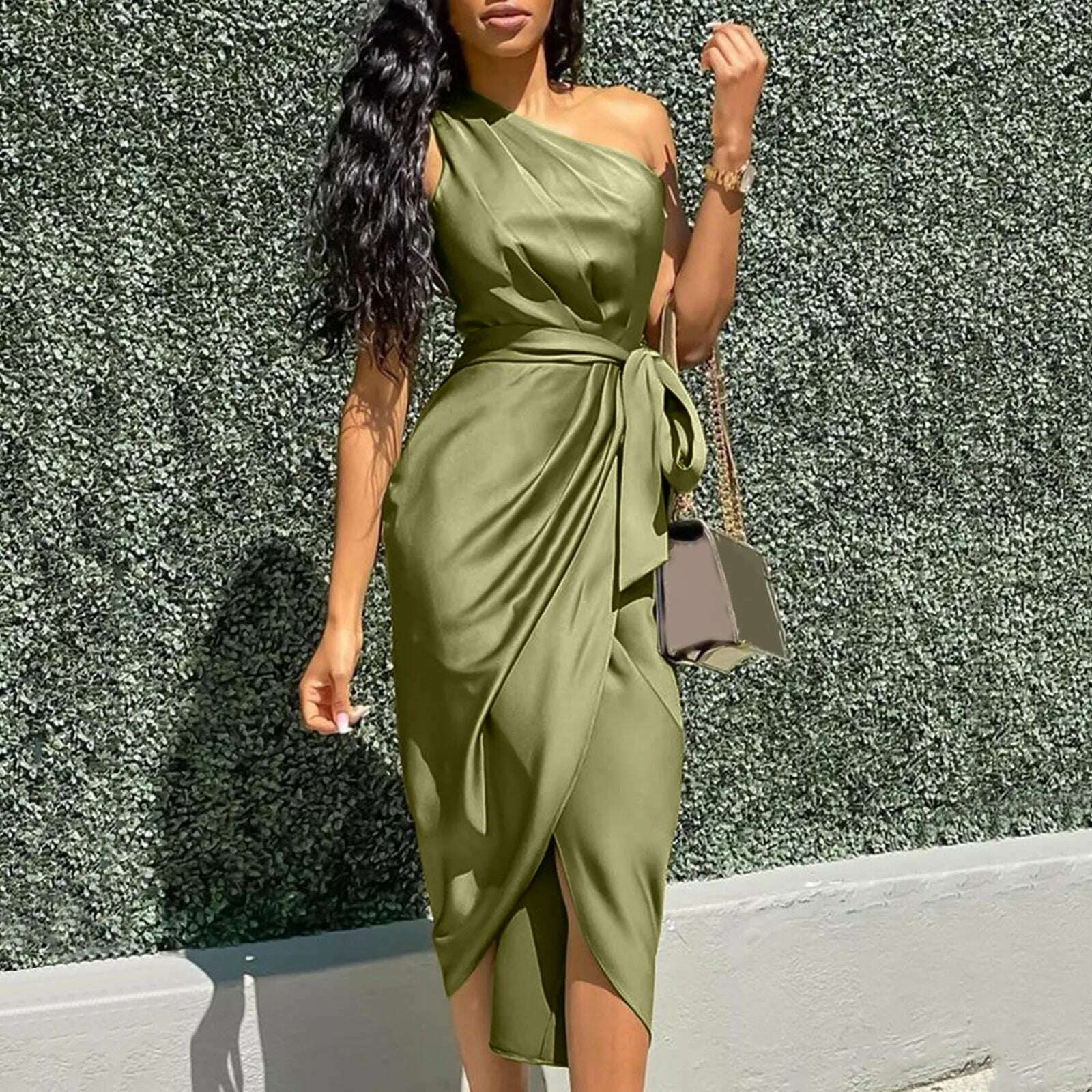 KIMLUD, Summer Dresses Women Green Sexy One Shoulder Satin Asymmetrical Ruched Midi Evening Party Prom Dress Gown Bandage Plus Size Robe, Army Green / L / CHINA, KIMLUD APPAREL - Womens Clothes