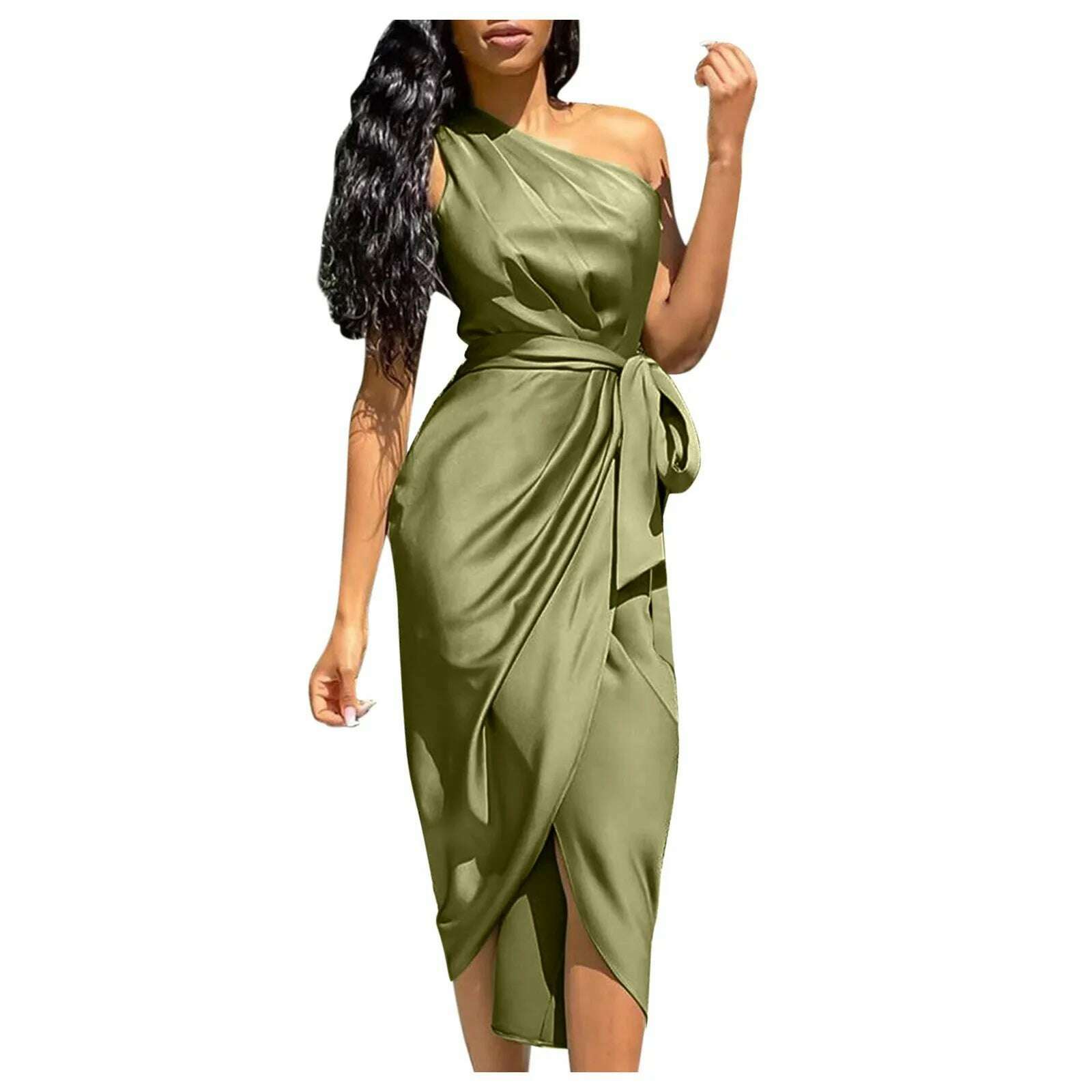 KIMLUD, Summer Dresses Women Green Sexy One Shoulder Satin Asymmetrical Ruched Midi Evening Party Prom Dress Gown Bandage Plus Size Robe, KIMLUD Womens Clothes