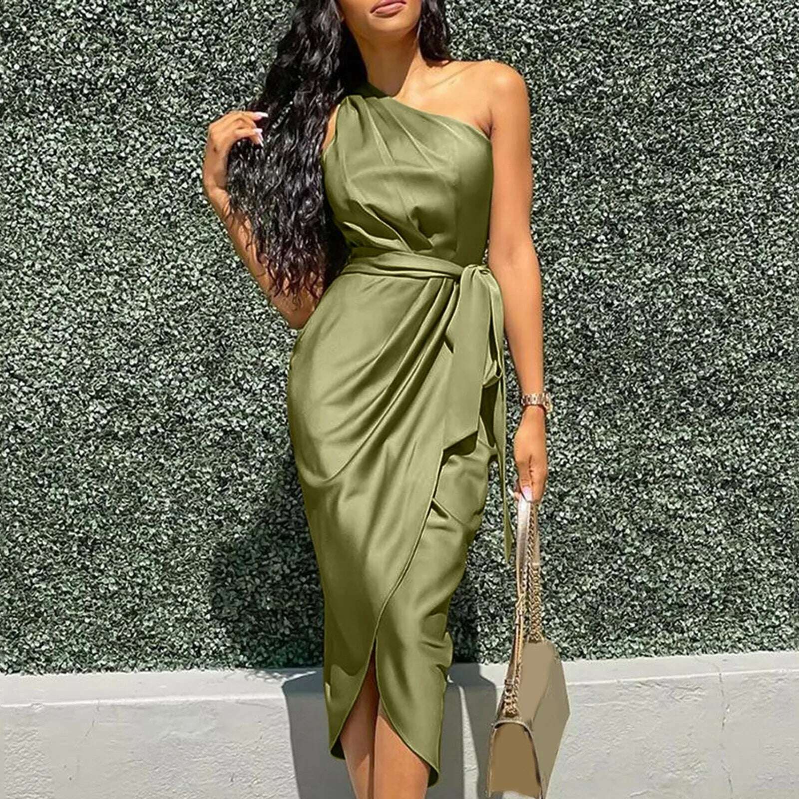 KIMLUD, Summer Dresses Women Green Sexy One Shoulder Satin Asymmetrical Ruched Midi Evening Party Prom Dress Gown Bandage Plus Size Robe, KIMLUD Womens Clothes