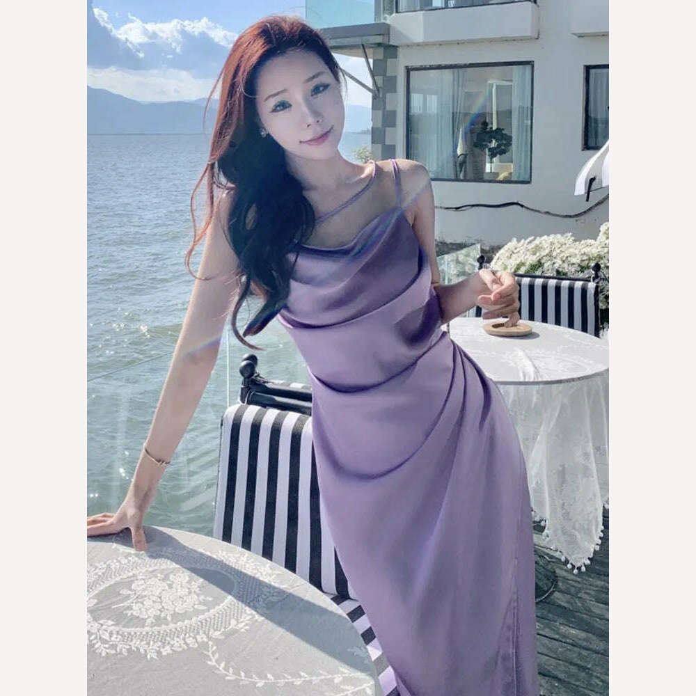 KIMLUD, Summer Elegant Satin Graduation Party Midi Dress Women France Chic Slim Spaghetti Straps Robe Korean Folds Clothes, purple / S, KIMLUD APPAREL - Womens Clothes