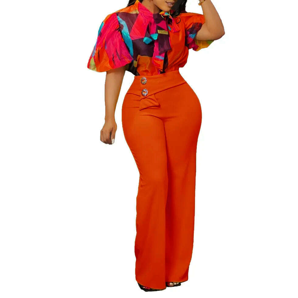 KIMLUD, Summer Fashion OL Two Piece Set  African Women Printed Short-Sleeved Shirt High-Waisted Flared Pants TwoPiece Suit Women, Orange Red / S / China, KIMLUD APPAREL - Womens Clothes