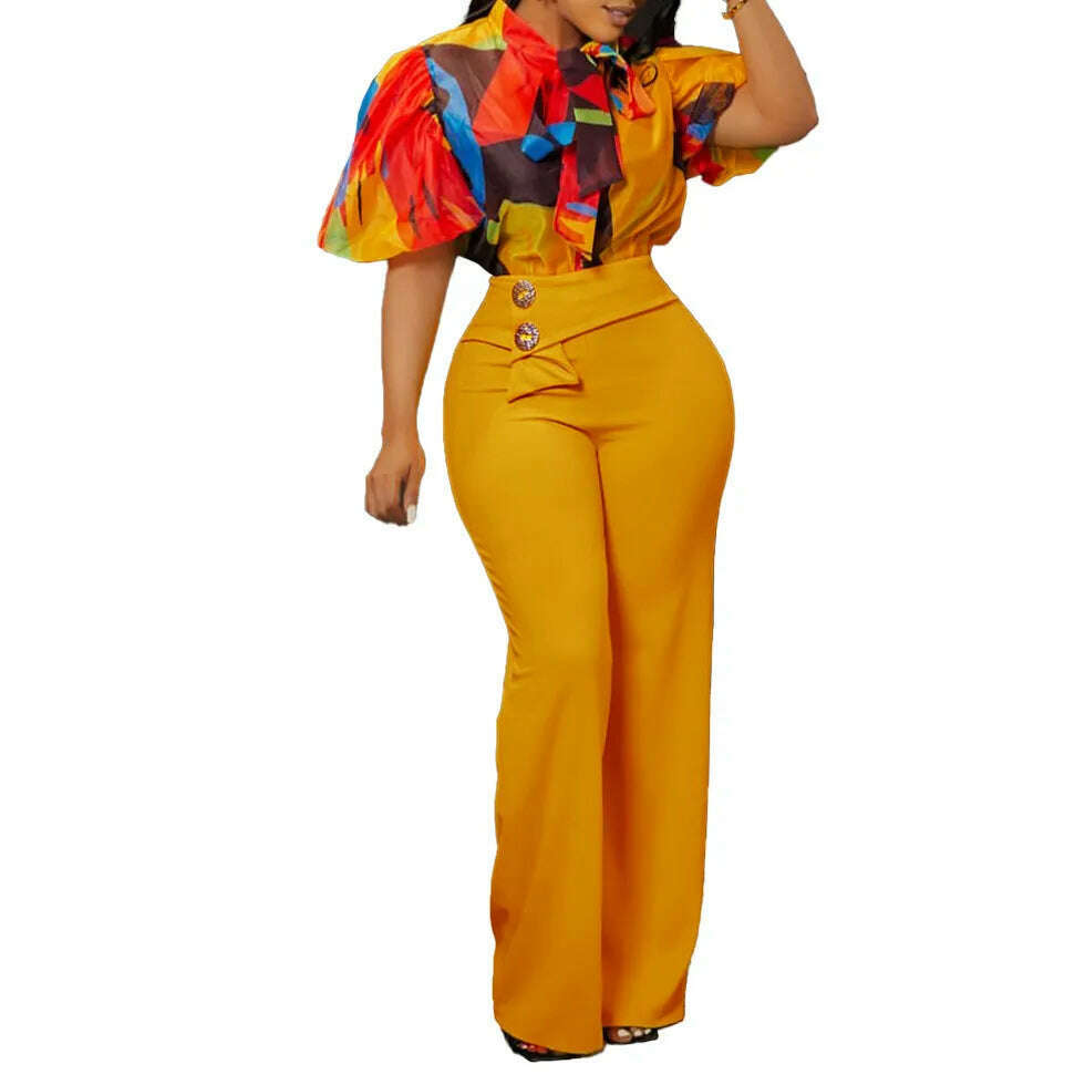 KIMLUD, Summer Fashion OL Two Piece Set  African Women Printed Short-Sleeved Shirt High-Waisted Flared Pants TwoPiece Suit Women, Yellow / S / China, KIMLUD APPAREL - Womens Clothes