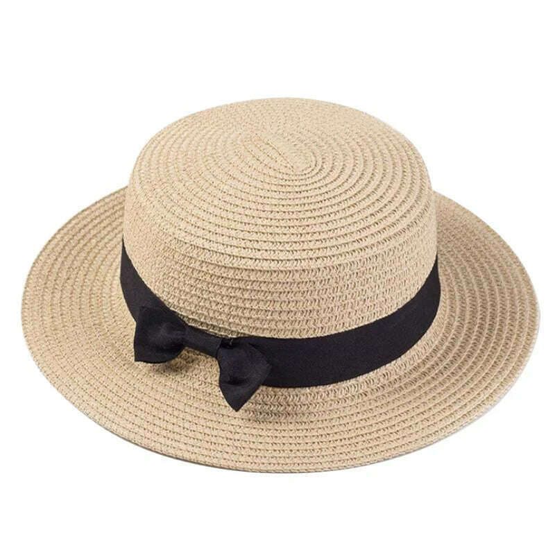 KIMLUD, Summer Hats For Women Sun Hat Beach Ladies Fashion Flat Brom Bowknot Panama Lady Casual Sun Hats For Women Straw Hat, Beige / Adult Size56-58cm, KIMLUD APPAREL - Womens Clothes