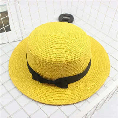 KIMLUD, Summer Hats For Women Sun Hat Beach Ladies Fashion Flat Brom Bowknot Panama Lady Casual Sun Hats For Women Straw Hat, Yellow / Adult Size56-58cm, KIMLUD APPAREL - Womens Clothes