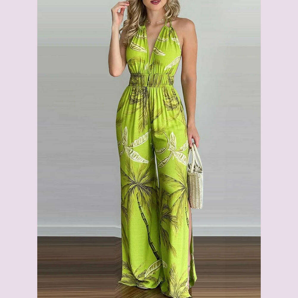 KIMLUD, Summer Jumpsuits for Women 2024 Elegant Night Party Sexy Sleeveless Halter Printed High Waist Wide Leg Jumpsuit Women Vacation, Green / L, KIMLUD APPAREL - Womens Clothes