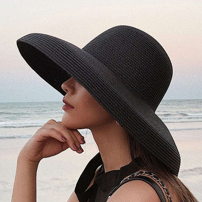 Summer Lady Pleated Straw Hat Women Hepburn Style Casual Sun Hat Large Brim Floppy Sun Hat Cap Holiday Beach Casquette Gorros - KIMLUD