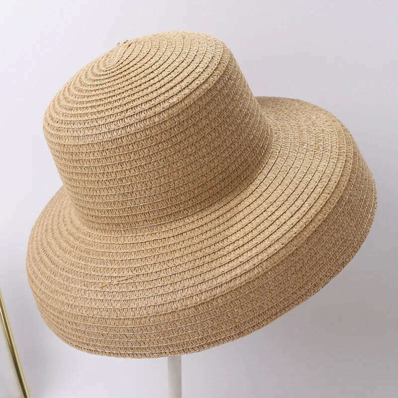 KIMLUD, Summer Lady Pleated Straw Hat Women  Hepburn Style Casual Sun Hat Large Brim Floppy Sun Hat Cap Holiday Beach Casquette Gorros, KIMLUD Womens Clothes