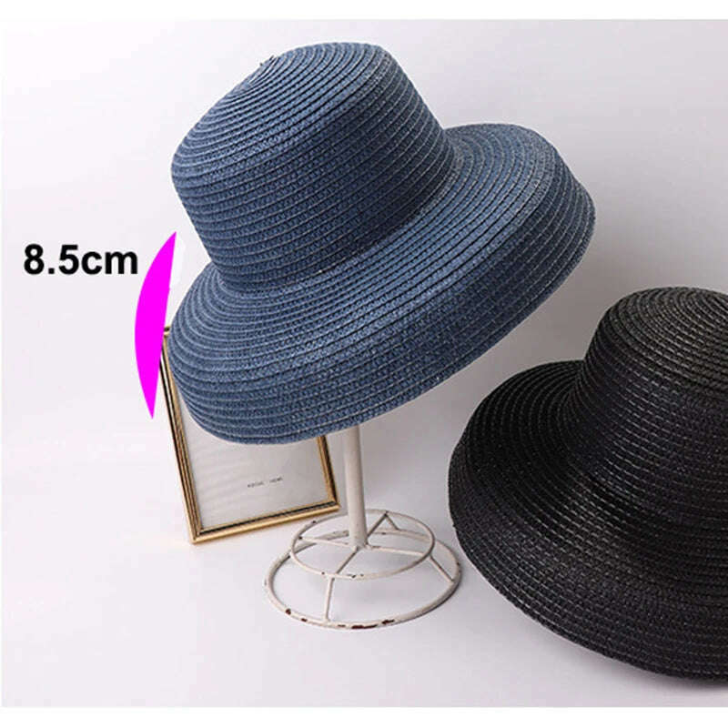 KIMLUD, Summer Lady Pleated Straw Hat Women  Hepburn Style Casual Sun Hat Large Brim Floppy Sun Hat Cap Holiday Beach Casquette Gorros, KIMLUD Womens Clothes