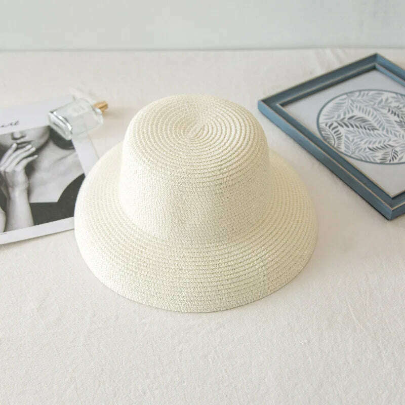 KIMLUD, Summer Lady Pleated Straw Hat Women  Hepburn Style Casual Sun Hat Large Brim Floppy Sun Hat Cap Holiday Beach Casquette Gorros, 8.5 brim milk white / Adult(54-58cm), KIMLUD APPAREL - Womens Clothes