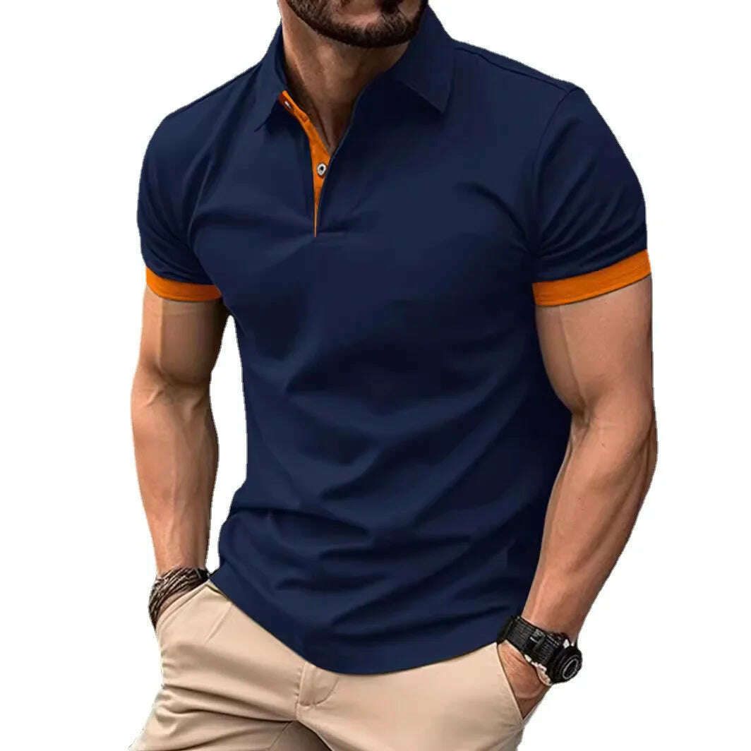 KIMLUD, Summer Men Polo Shirts Men Short Sleeve Shirt Contrast Color Lightweight Streetwear Casual  Lapel Collar Tops, Navy Orange / Asian L(50-60KG), KIMLUD APPAREL - Womens Clothes