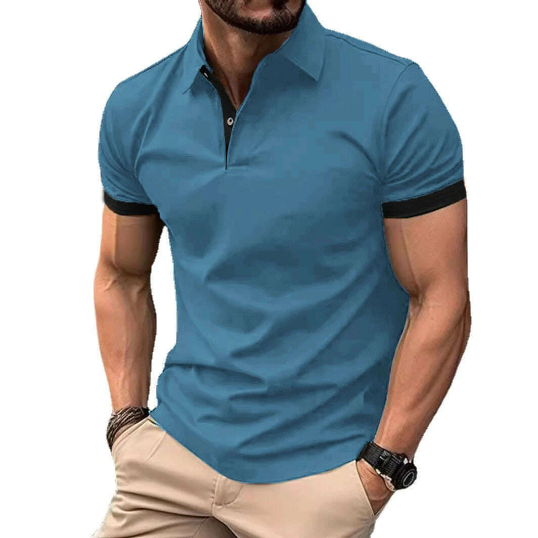 KIMLUD, Summer Men Polo Shirts Men Short Sleeve Shirt Contrast Color Lightweight Streetwear Casual  Lapel Collar Tops, Denim / Asian XXL(60-80KG), KIMLUD APPAREL - Womens Clothes