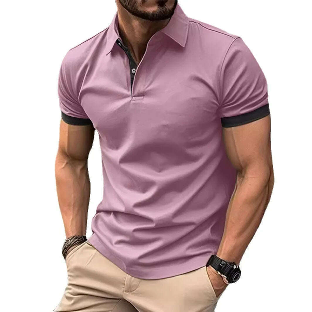 KIMLUD, Summer Men Polo Shirts Men Short Sleeve Shirt Contrast Color Lightweight Streetwear Casual  Lapel Collar Tops, Pink / Asian M(45-55KG), KIMLUD APPAREL - Womens Clothes