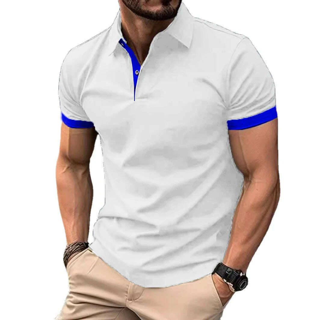 KIMLUD, Summer Men Polo Shirts Men Short Sleeve Shirt Contrast Color Lightweight Streetwear Casual  Lapel Collar Tops, White Blue / Asian 4XL(80-100KG), KIMLUD APPAREL - Womens Clothes