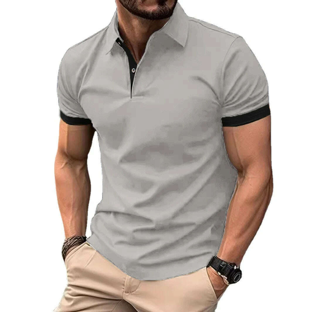 KIMLUD, Summer Men Polo Shirts Men Short Sleeve Shirt Contrast Color Lightweight Streetwear Casual  Lapel Collar Tops, Light Gray Black / Asian XXXL(70-90KG), KIMLUD APPAREL - Womens Clothes