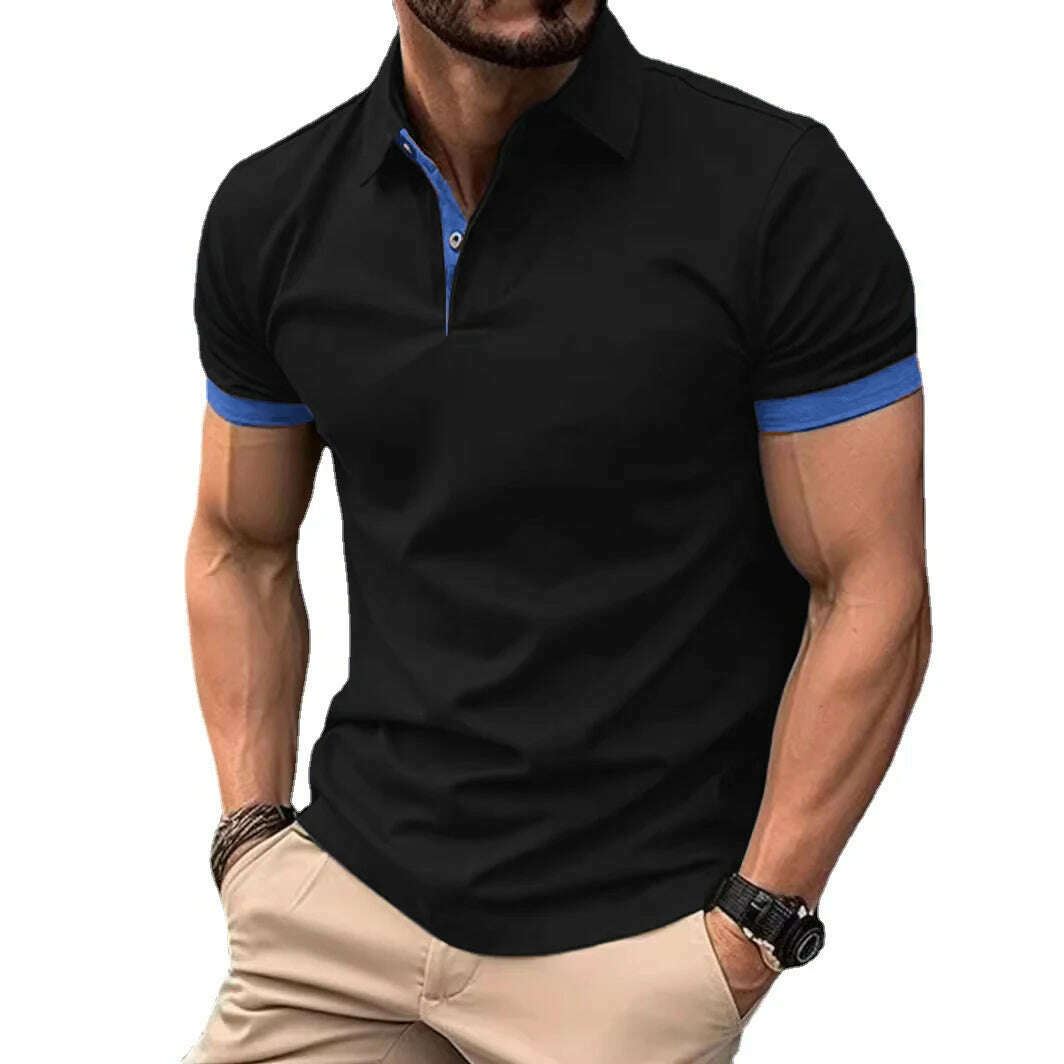 KIMLUD, Summer Men Polo Shirts Men Short Sleeve Shirt Contrast Color Lightweight Streetwear Casual  Lapel Collar Tops, Black Blue / Asian M(45-55KG), KIMLUD APPAREL - Womens Clothes