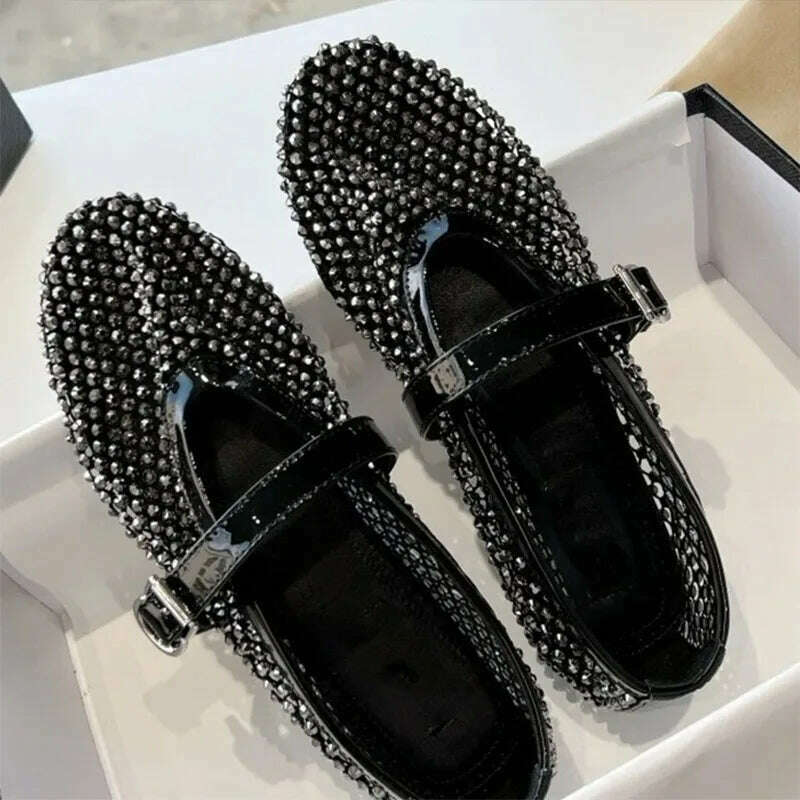 KIMLUD, Summer Mesh Hollow Sandals Women Flats Shallow 2024 New Beach Shoes Comfort Retro Female Flat Shoes Buckle Ballet Shoes, Black diamond / 39, KIMLUD APPAREL - Womens Clothes