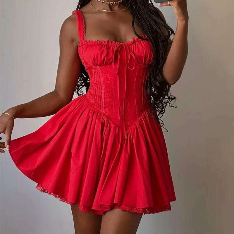 Summer New Fashion Sexy Tie Camis Dress Women Fold Silm Fit Red Mini Dresses Backless Short Shirt Coquette Aesthetic Y2k Clothes - KIMLUD