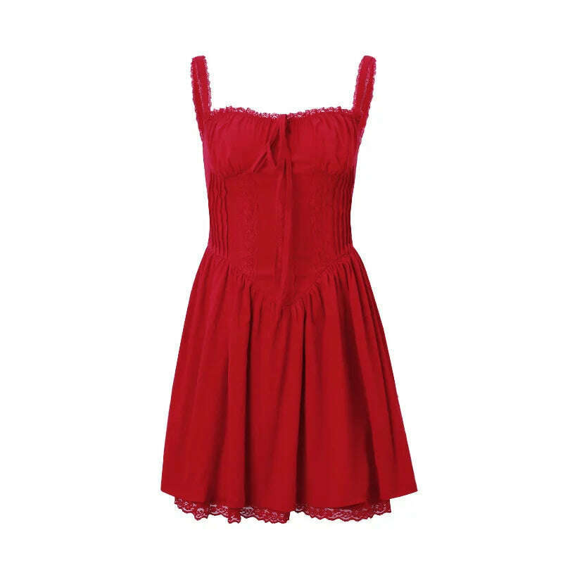 Summer New Fashion Sexy Tie Camis Dress Women Fold Silm Fit Red Mini Dresses Backless Short Shirt Coquette Aesthetic Y2k Clothes - KIMLUD