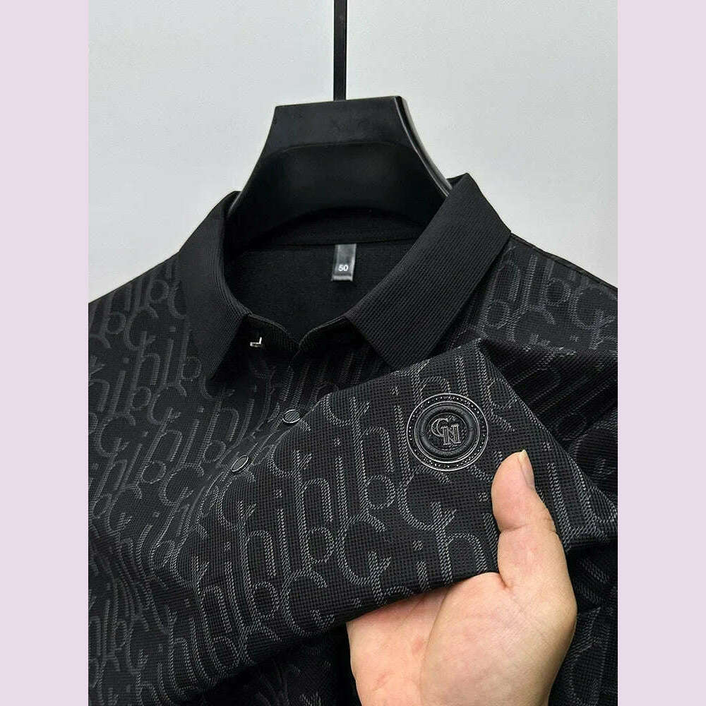 KIMLUD, Summer New High-end Silk Short Sleeved Polo Shirt for Men's Luxurious Embossed Casual Fashion Comfortable Breathable Cool Top, KIMLUD Womens Clothes