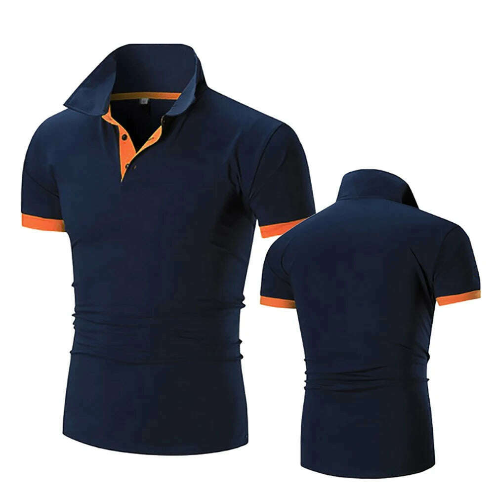 KIMLUD, Summer New Men's Collar Hollow Short-sleeved Polo Shirt Breathable Business Fashion T-Shirt Male Brand Clothes, navyblue orange / 4XL(85-90KG), KIMLUD APPAREL - Womens Clothes