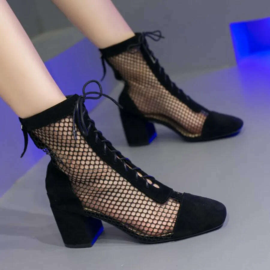 KIMLUD, Summer Roman Lace Up Shoes Women Sandals Sexy Mesh Cut-Outs Pointed Toe High Heels Woman Black Kid Suede Ladies Long Short Boots, KIMLUD Womens Clothes