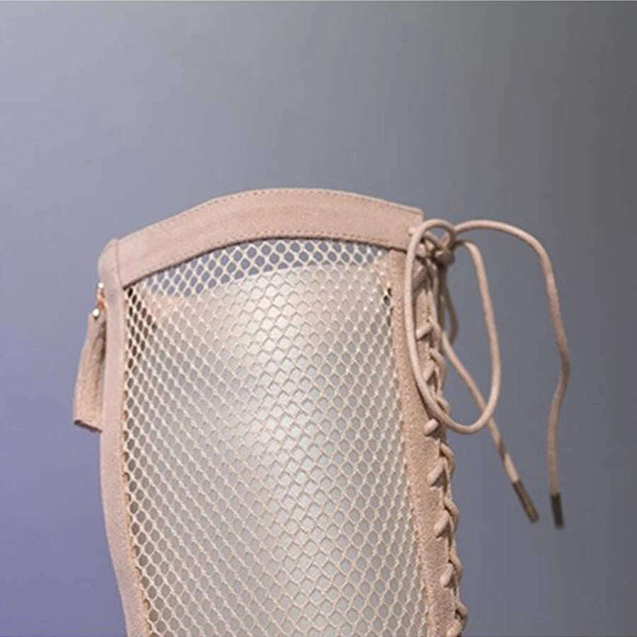 KIMLUD, Summer Roman Lace Up Shoes Women Sandals Sexy Mesh Cut-Outs Pointed Toe High Heels Woman Black Kid Suede Ladies Long Short Boots, KIMLUD Womens Clothes