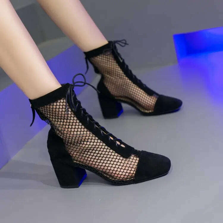 KIMLUD, Summer Roman Lace Up Shoes Women Sandals Sexy Mesh Cut-Outs Pointed Toe High Heels Woman Black Kid Suede Ladies Long Short Boots, Black Short boots / 10, KIMLUD APPAREL - Womens Clothes