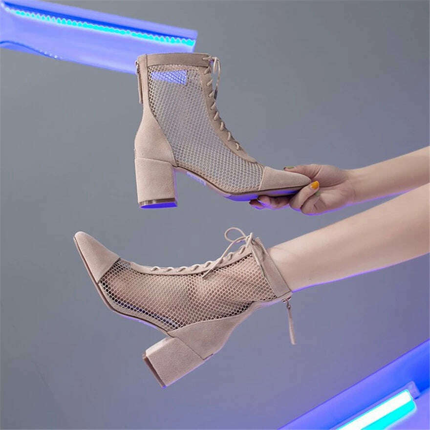 KIMLUD, Summer Roman Lace Up Shoes Women Sandals Sexy Mesh Cut-Outs Pointed Toe High Heels Woman Black Kid Suede Ladies Long Short Boots, KIMLUD Womens Clothes