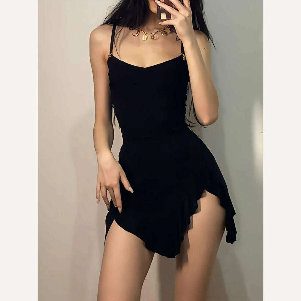 Summer Sexy Mini Dress Women Sleeveless Strap Streetwear Backless Folds Bodycon Split Black Dress Party Elegant A-LINE Dresses - KIMLUD