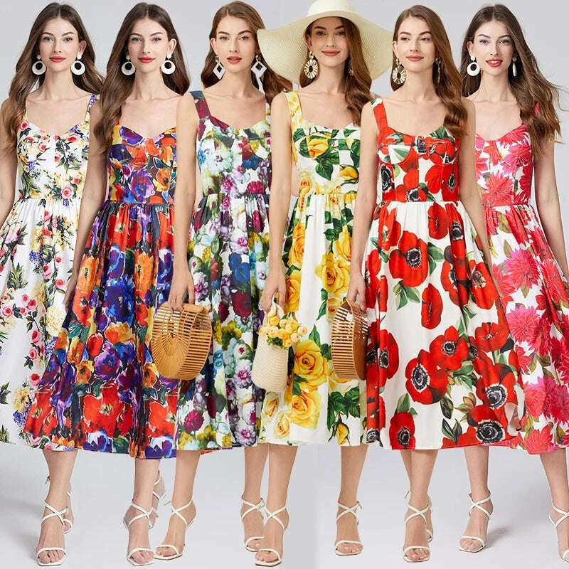 Summer Sexy Suspender Women's Printed Sleeveless V-Neck Cup Padded Back Zipper Elastic Boho Midi Vestidos Feminino Holidays 635 - KIMLUD