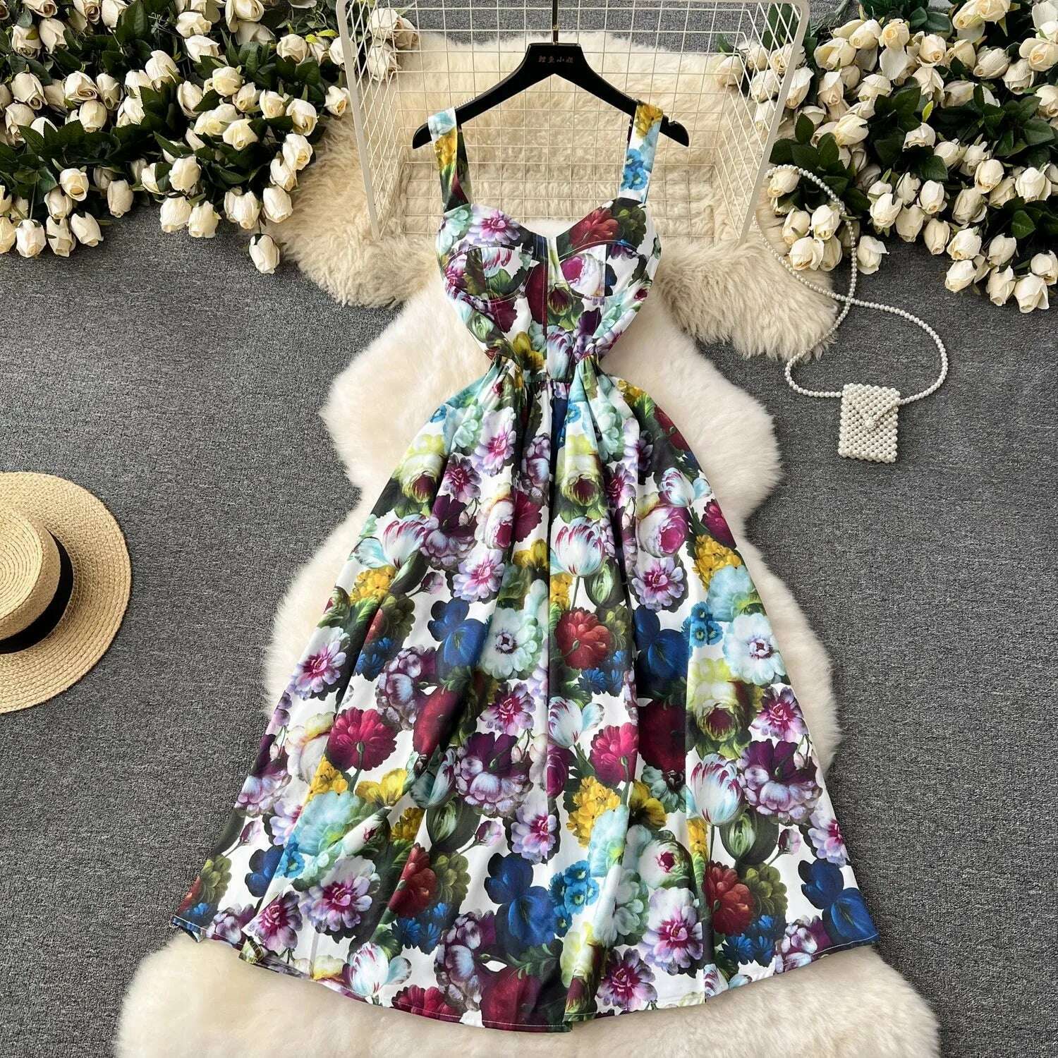 Summer Sexy Suspender Women's Printed Sleeveless V-Neck Cup Padded Back Zipper Elastic Boho Midi Vestidos Feminino Holidays 635 - KIMLUD