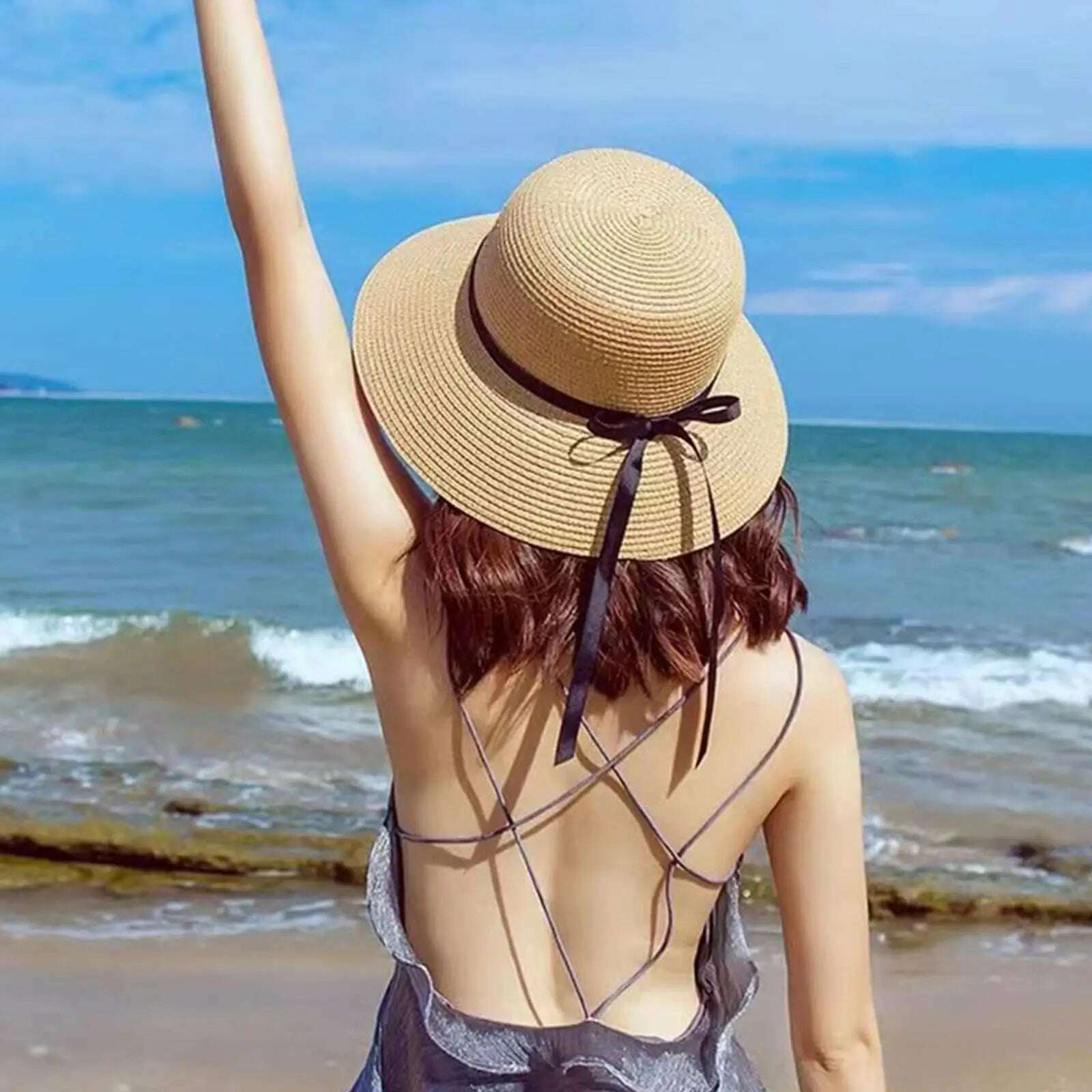 Summer Straw Hat Big Wide Brim Foldable Beach Sun Hat Straw Floppy Sun Block UV Protection Hat Ladies Outdoor Travel Straw Hat - KIMLUD