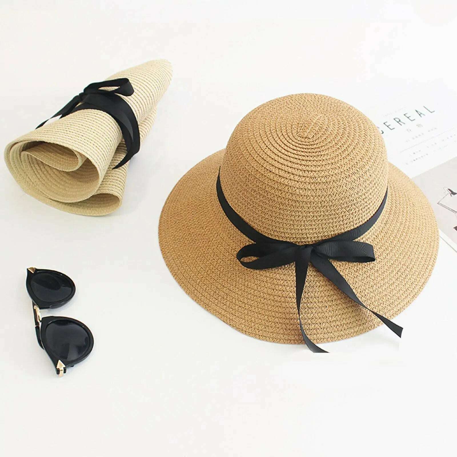 Summer Straw Hat Big Wide Brim Foldable Beach Sun Hat Straw Floppy Sun Block UV Protection Hat Ladies Outdoor Travel Straw Hat - KIMLUD