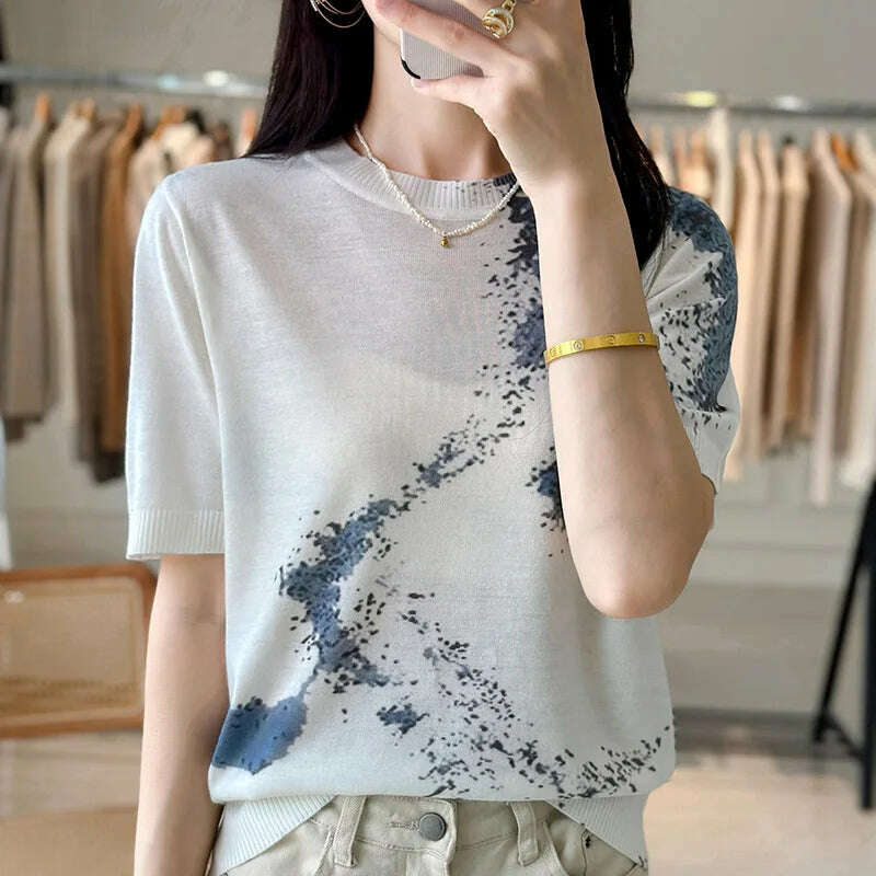 KIMLUD, Summer Thin Worsted Wool Short Sleeve Printed Graffiti Sweater Women's Low Round Neck Pullover Loose Slim Half Sleeve T-shirt, 3 / XL / CHINA, KIMLUD APPAREL - Womens Clothes