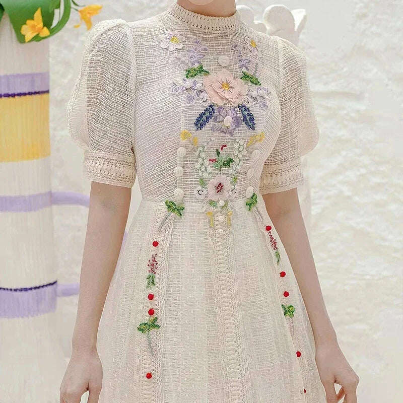 KIMLUD, Summer Vintage Embroidery Flower Dress for Women Elegant Short Sleeve Vintage Bodycon Lady Clothing Luxury Design Party Vestido, apricot / M, KIMLUD APPAREL - Womens Clothes