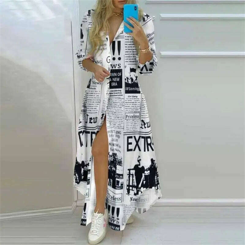 KIMLUD, Summer Women Boho Printed Long Shirts Elegant Dress Turn-down Collar Long Sleeve Female Casual Split Shirt Evening Maxi Dresses, Newspaper / S, KIMLUD APPAREL - Womens Clothes