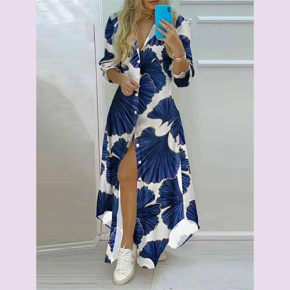 KIMLUD, Summer Women Boho Printed Long Shirts Elegant Dress Turn-down Collar Long Sleeve Female Casual Split Shirt Evening Maxi Dresses, Deep-Blue / M, KIMLUD APPAREL - Womens Clothes