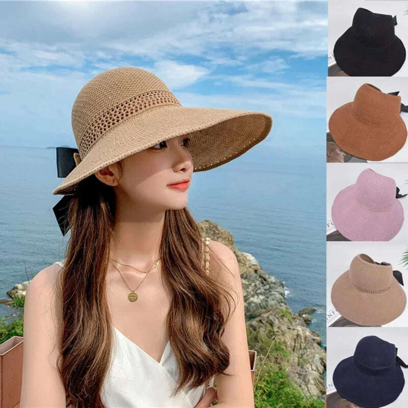 KIMLUD, Summer Women Empty Sun Hat Breathable Hollow Foldable Big Brim Sun-proof Visor Cap Straw Hat Outdoor Travel UV Beach Cap, KIMLUD Womens Clothes