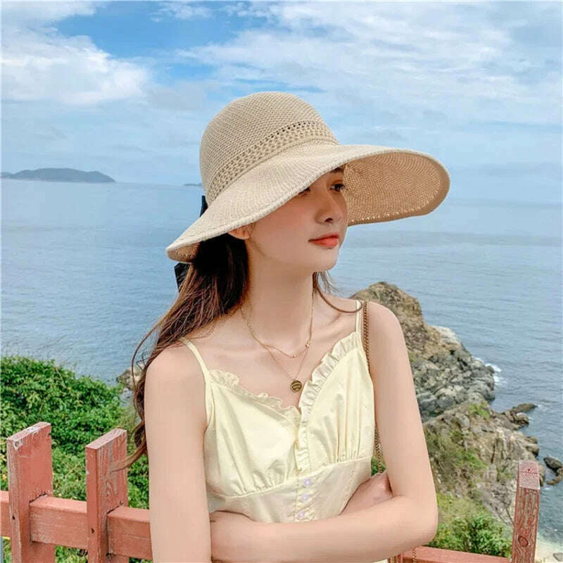 KIMLUD, Summer Women Empty Sun Hat Breathable Hollow Foldable Big Brim Sun-proof Visor Cap Straw Hat Outdoor Travel UV Beach Cap, KIMLUD Womens Clothes