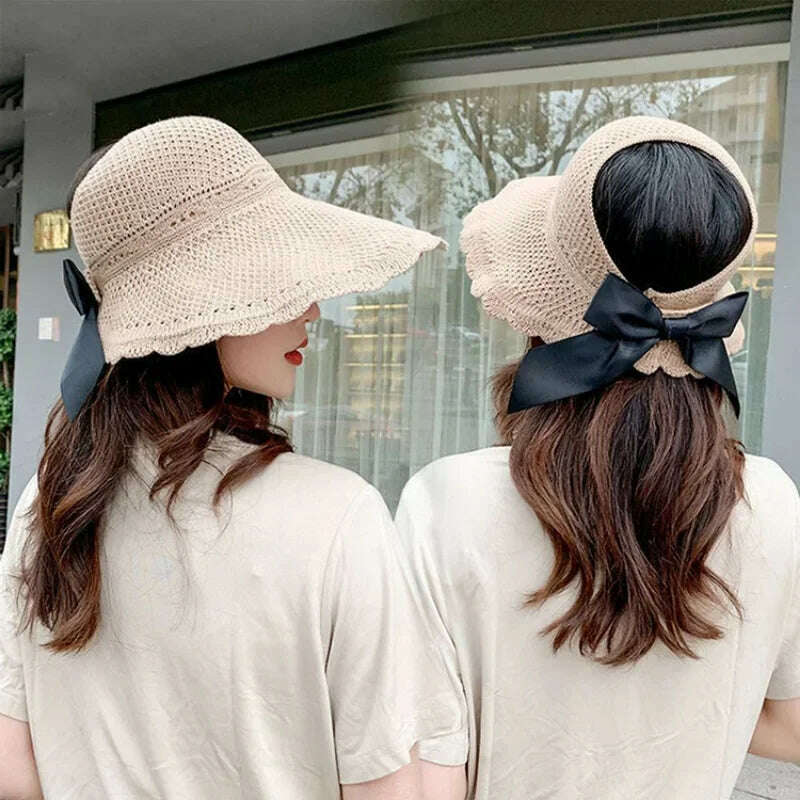 KIMLUD, Summer Women Empty Sun Hat Breathable Hollow Foldable Big Brim Sun-proof Visor Cap Straw Hat Outdoor Travel UV Beach Cap, KIMLUD Womens Clothes