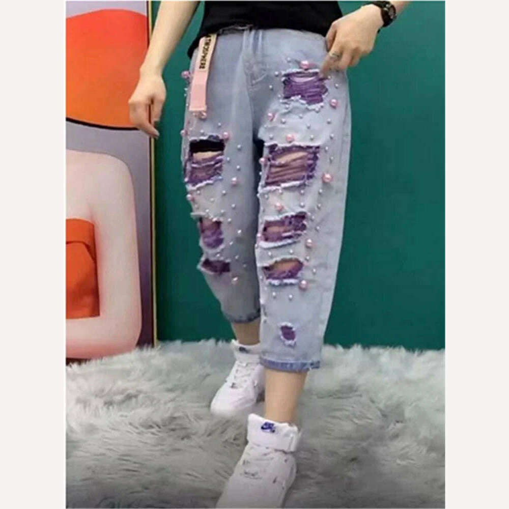 KIMLUD, Summer Women New Fashion Beaded Holes Loose Jeans Ladies High Waist Personality Thin Denim Harem Pants Female Green Ripped Jean, Purple / S, KIMLUD APPAREL - Womens Clothes