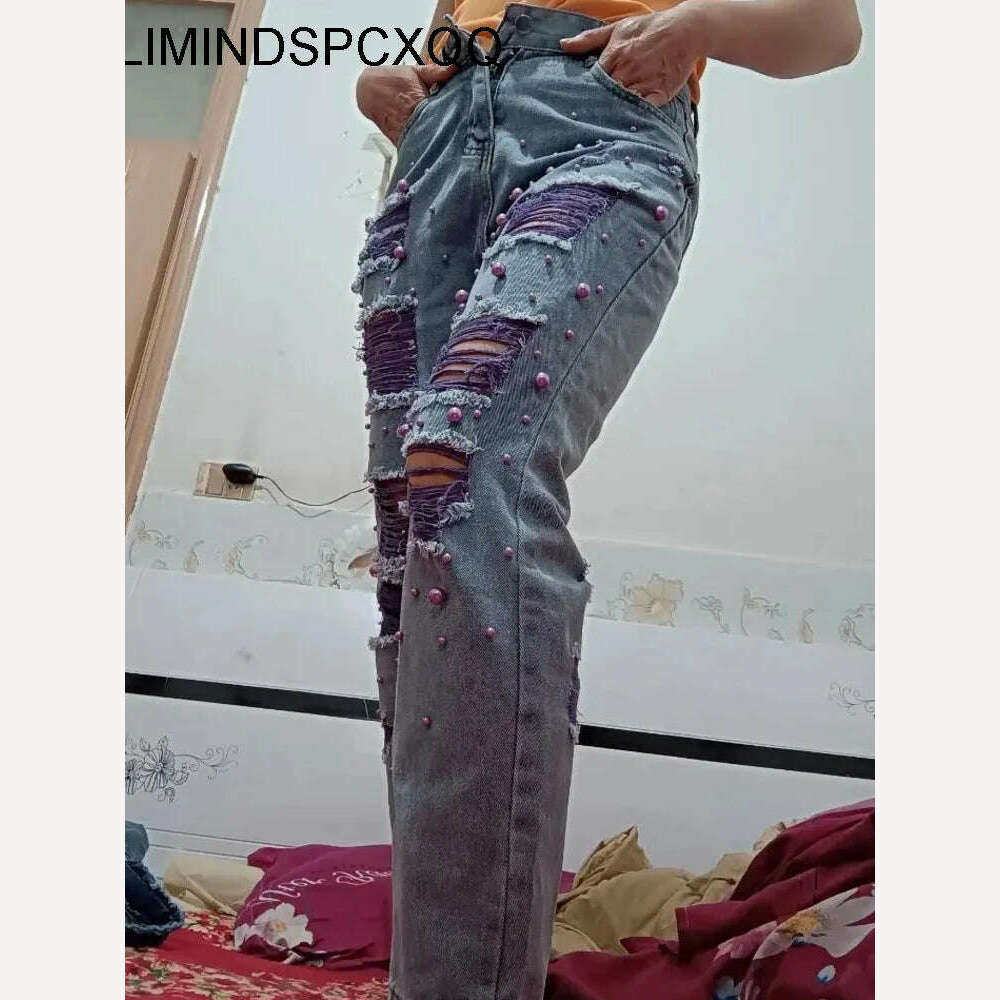 KIMLUD, Summer Women New Fashion Beaded Holes Loose Jeans Ladies High Waist Personality Thin Denim Harem Pants Female Green Ripped Jean, KIMLUD Womens Clothes