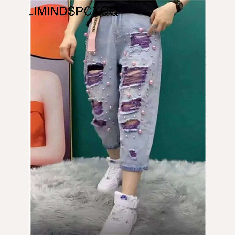 KIMLUD, Summer Women New Fashion Beaded Holes Loose Jeans Ladies High Waist Personality Thin Denim Harem Pants Female Green Ripped Jean, KIMLUD Womens Clothes