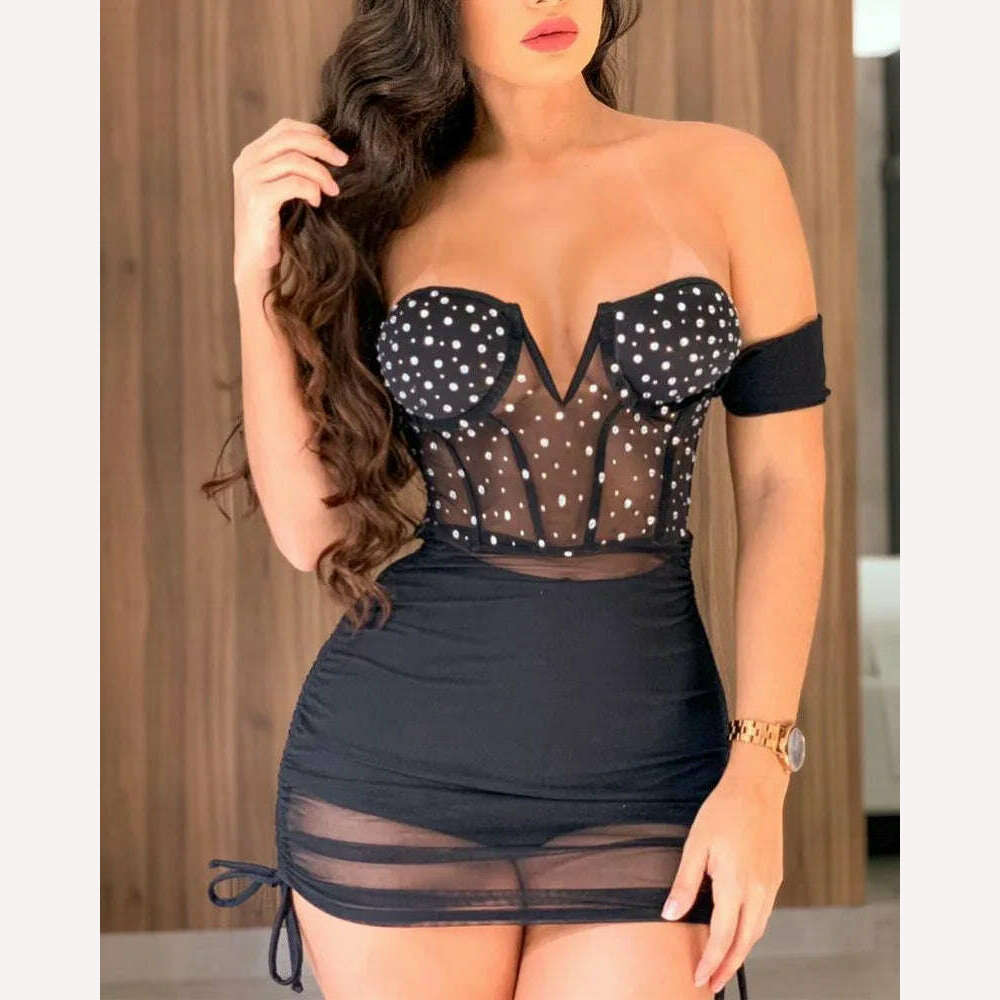 Summer Women Sexy Strapless Off Shoulder Rhinestone Mesh Patchwork Bodycon Mini Party Dresses - KIMLUD