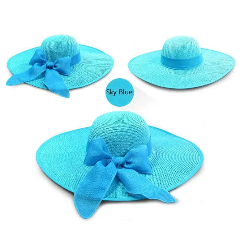 KIMLUD, Summer Women Straw Hat Bowknot Wide Brim Floppy Panama Hats Female Lady Outdoor Foldable Beach Sun Cap, sky blue, KIMLUD APPAREL - Womens Clothes