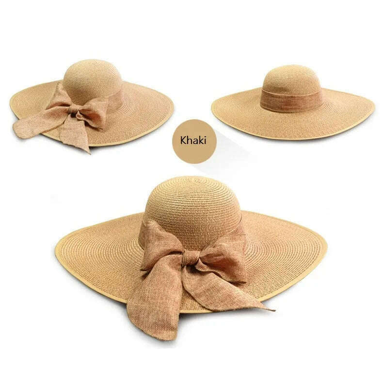 KIMLUD, Summer Women Straw Hat Bowknot Wide Brim Floppy Panama Hats Female Lady Outdoor Foldable Beach Sun Cap, khaki, KIMLUD APPAREL - Womens Clothes